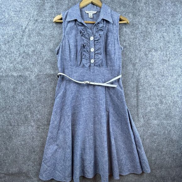 AA Studio AA Dress 10 Ruffle Button Front Belted Lightweight Linen Classic 90s - Picture 1 of 7